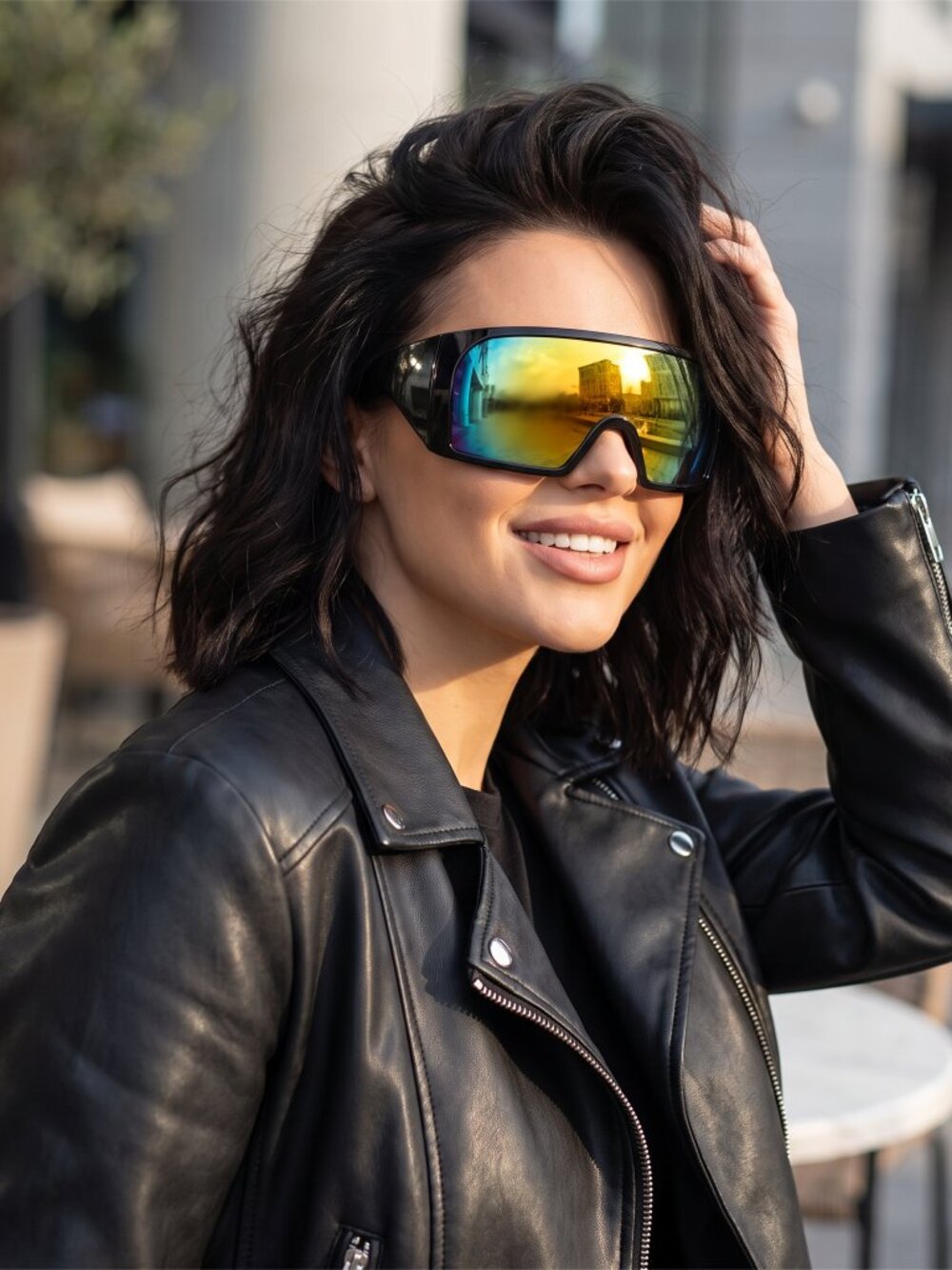 Aurora Shield Sunglasses – Black Frame Rainbow Mirror Lens Oversized Boho Shades
